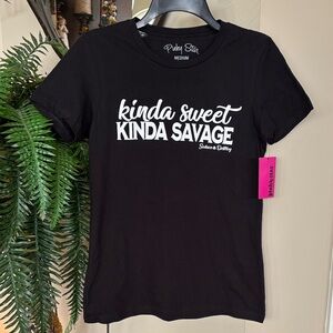 Brand New Pinky Star "Kinda Sweet Kinda Savage" Short Sleeve Fitted Black Shirt
